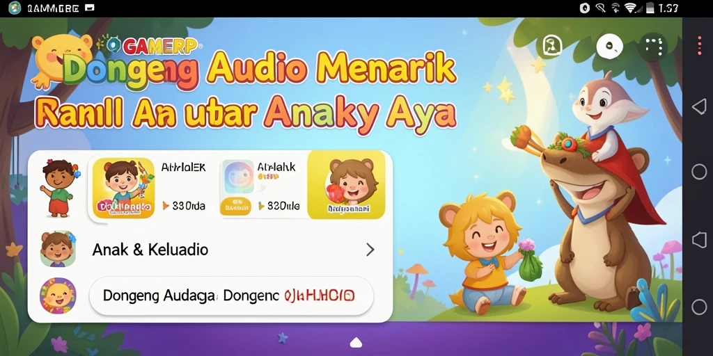 Antarmuka GAMERP menampilkan berbagai pilihan dongeng audio untuk anak.