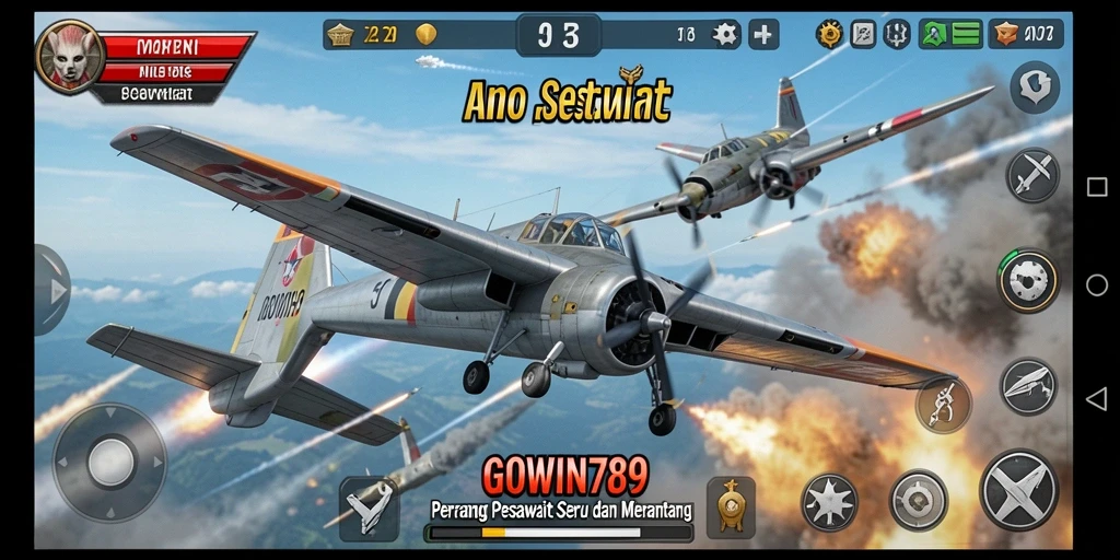 Tampilan antarmuka GOWIN789 dengan aksi pesawat dalam pertempuran udara.